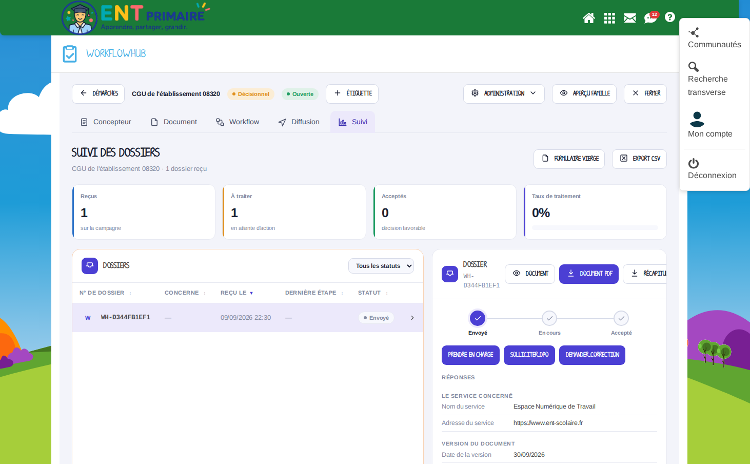 Suivi : le projet soumis au responsable, avec le document consultable et téléchargeable en PDF