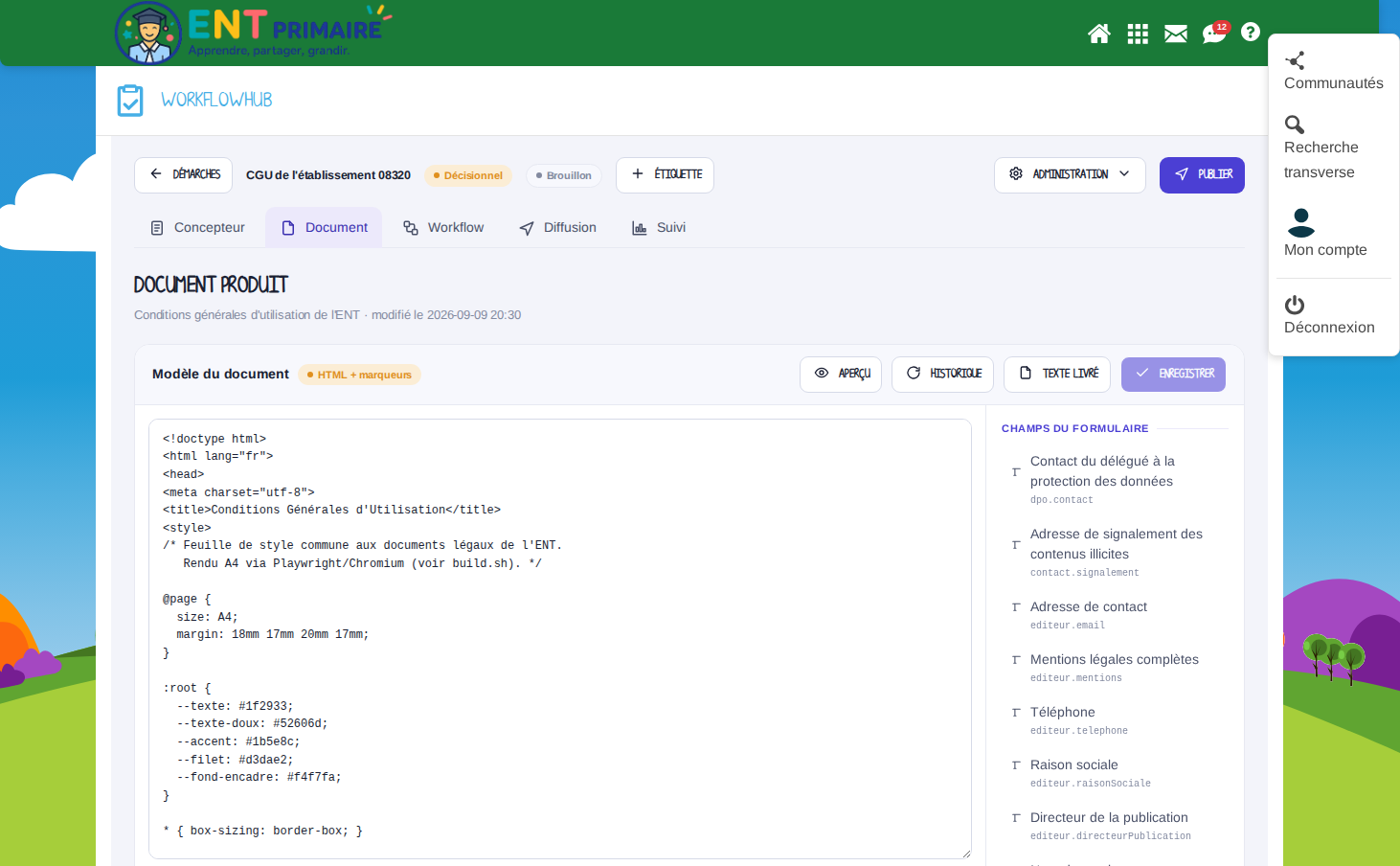 Onglet « Document » : le texte et, à droite, les champs du formulaire à insérer d'un clic