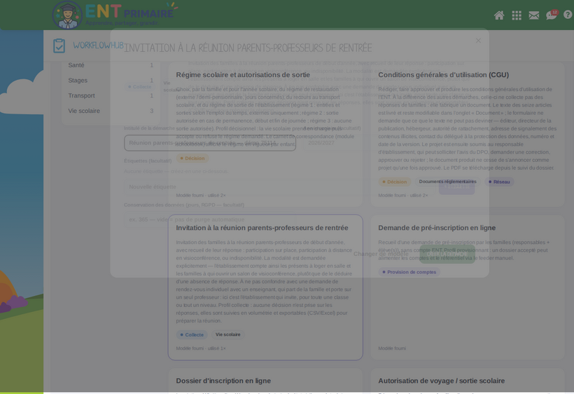 Le modèle « Invitation à la réunion parents-professeurs de rentrée » dans le catalogue du concepteur