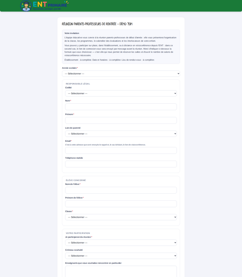 Formulaire public : l'invitation, puis la modalité de participation (sur place / visioconférence / indisponible)
