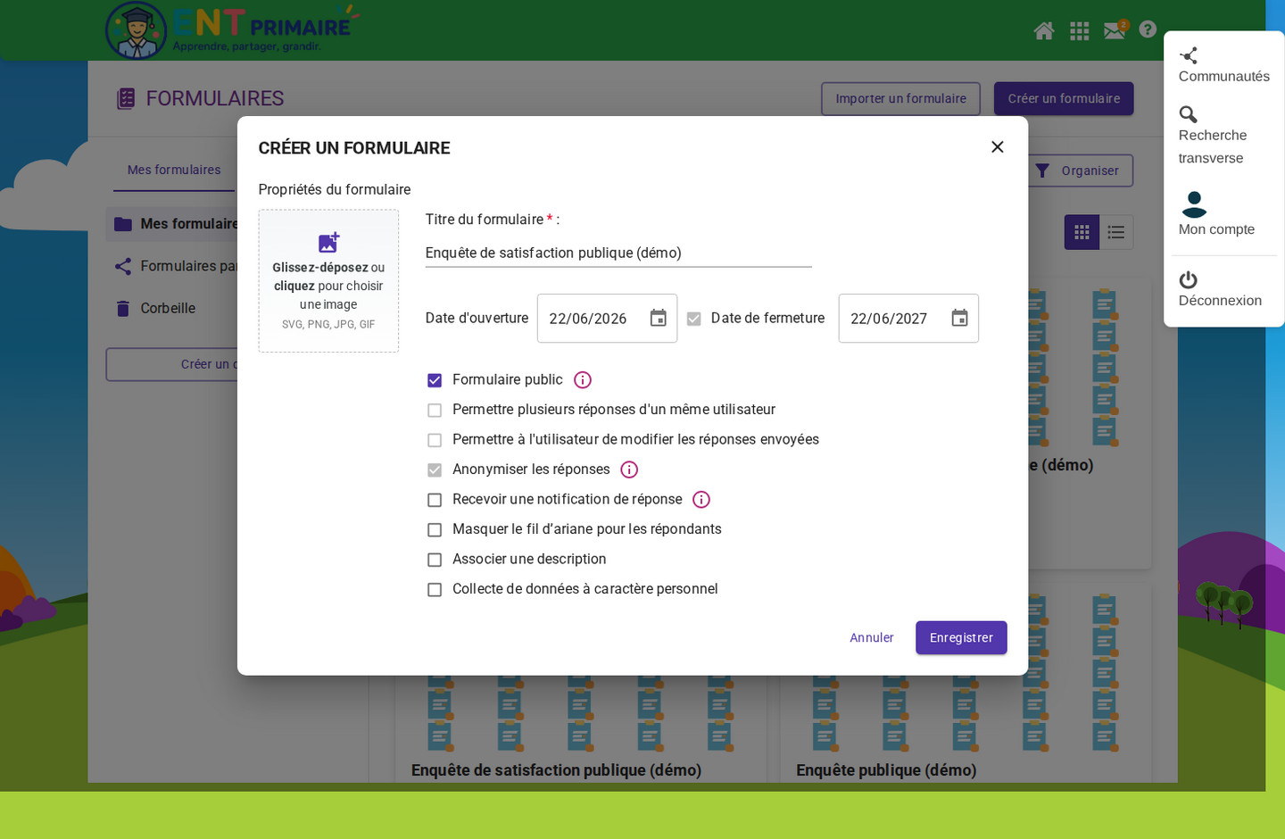 Activation de la diffusion publique : lien ouvert, réponses anonymes et date de clôture