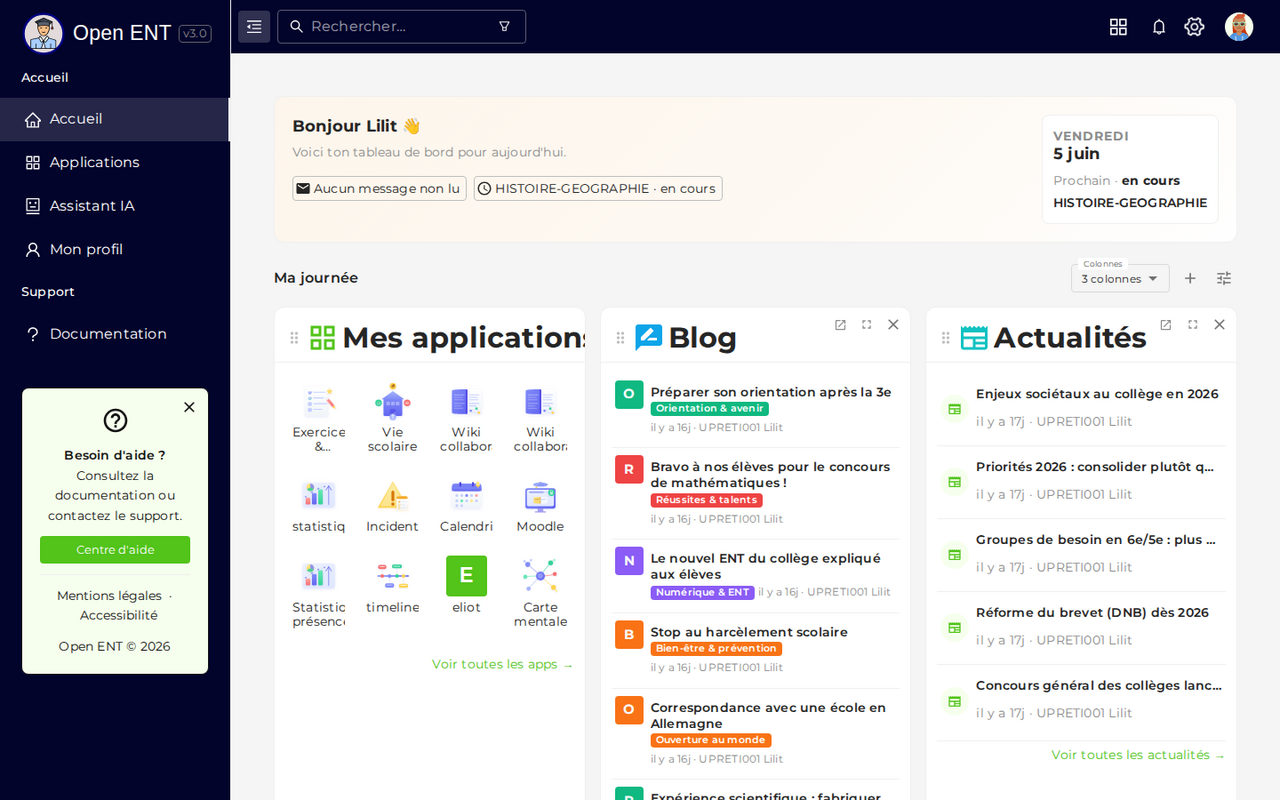 Tableau de bord Open ENT : applications, agenda et widgets personnalisés